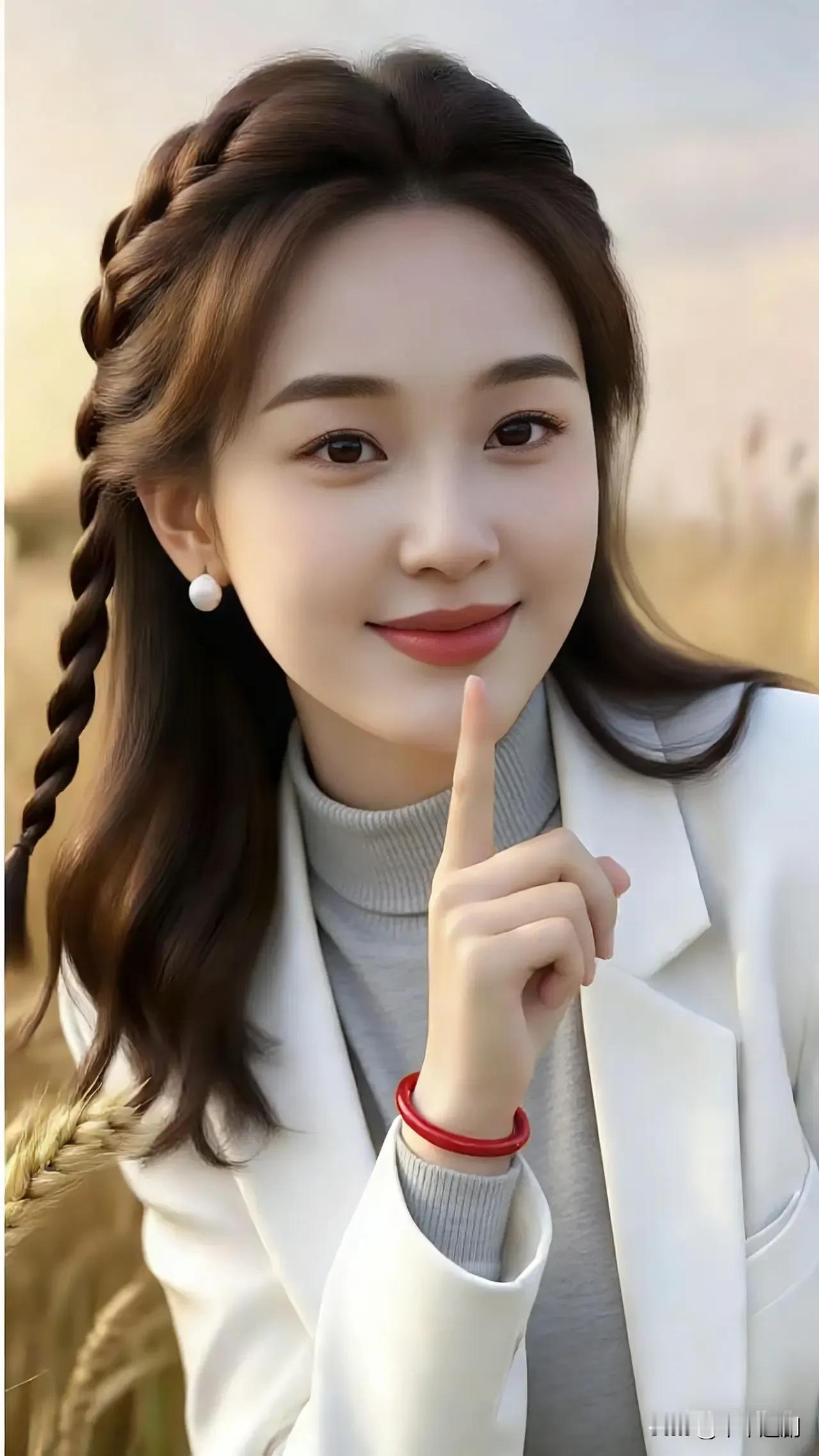 麦浪漫过肩头，
发丝一半编成温柔的辫，
白西装裹着秋日的松弛。
指尖轻抵唇间，