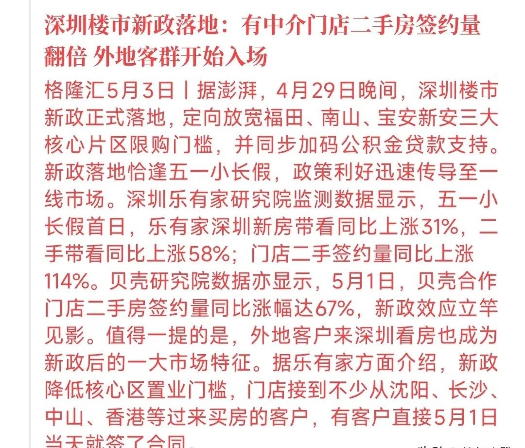 五一假期期间，房地产又传来利好消息，签约量直接翻倍深圳新政落地之后，房地产市场明