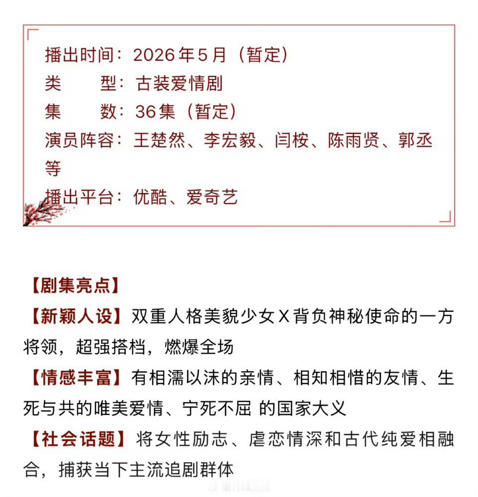 王楚然、李宏毅、闫桉《烽影燃梅香》播前招 商了！5月双平台播出！ 