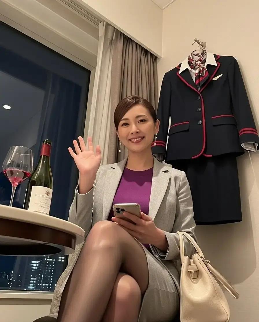 东京的夜色里，一位日本空姐在酒店休息室挥手自拍。多年的空乘生涯，让她即便脱下镶酒