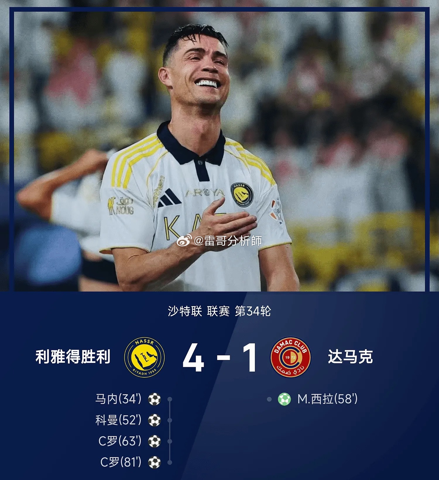 05月22日 25/26赛季沙特联联赛第34轮，利雅得胜利4-1战胜达马克。本场