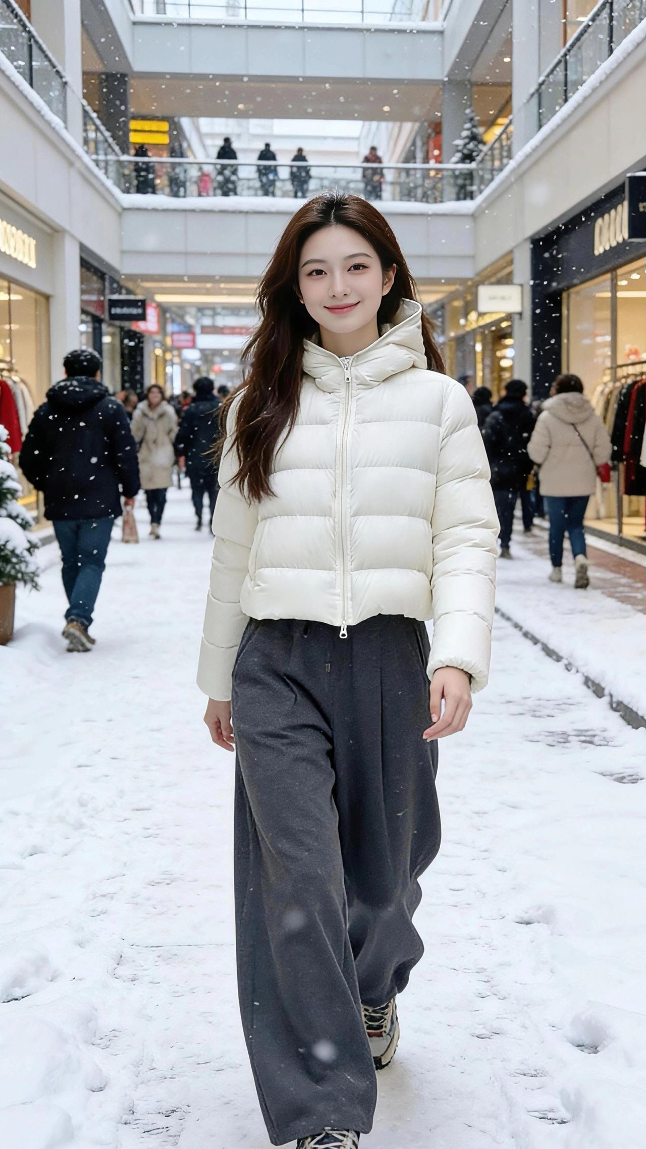 雪是冬的信笺，落在商业街的砖石上，也落在她米白色的羽绒服肩角。
 
她抬手比出心