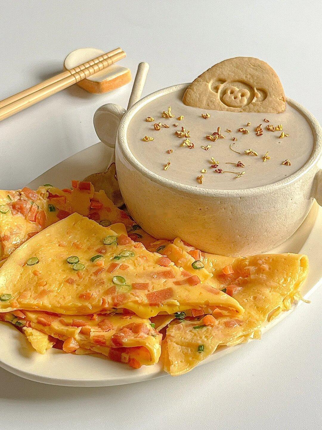 中式早餐｜猴姑米稀 葱香火腿芝士鸡蛋饼🍳