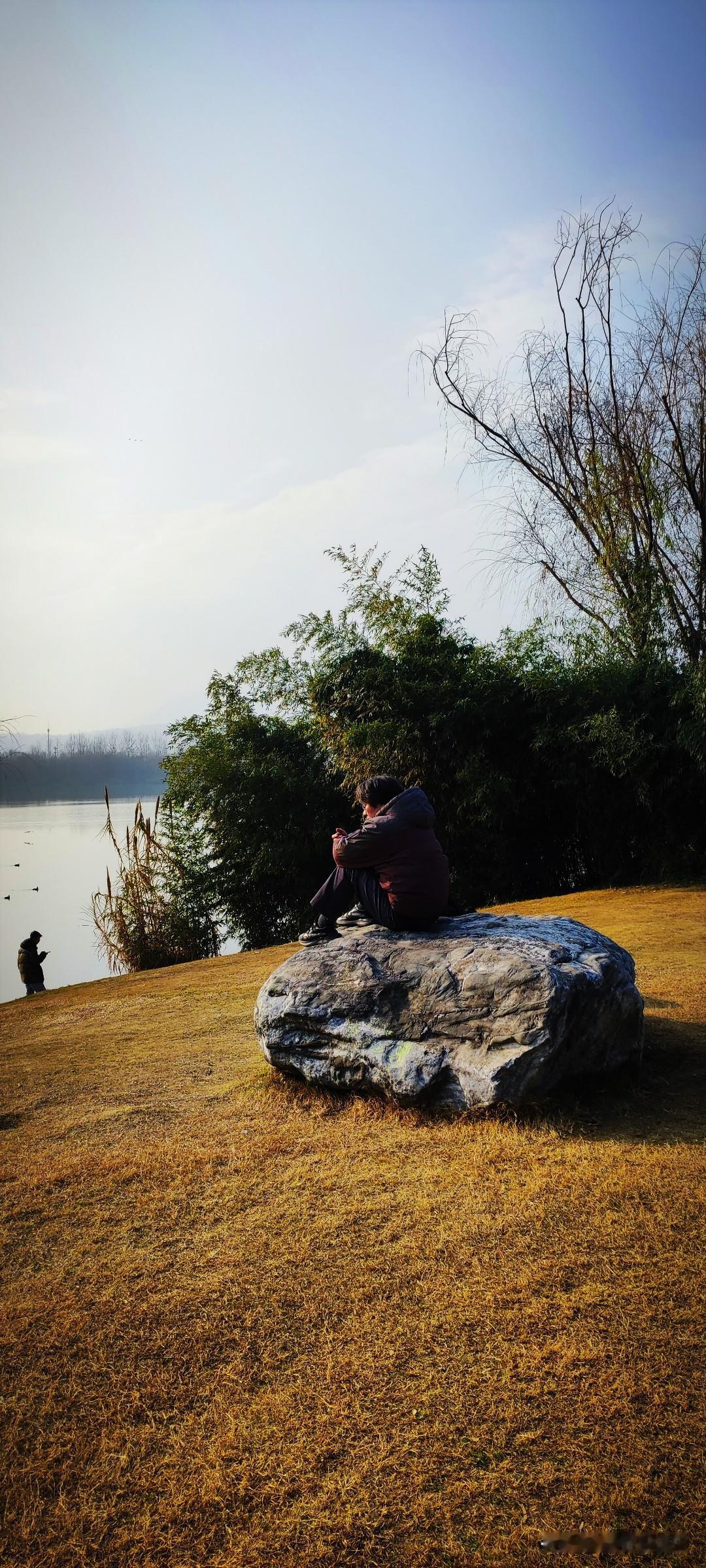 冬日生活打卡季昨日是晴天，午后的汉江湿地公园里，人们四处闲散惬意。大石头上刷手机