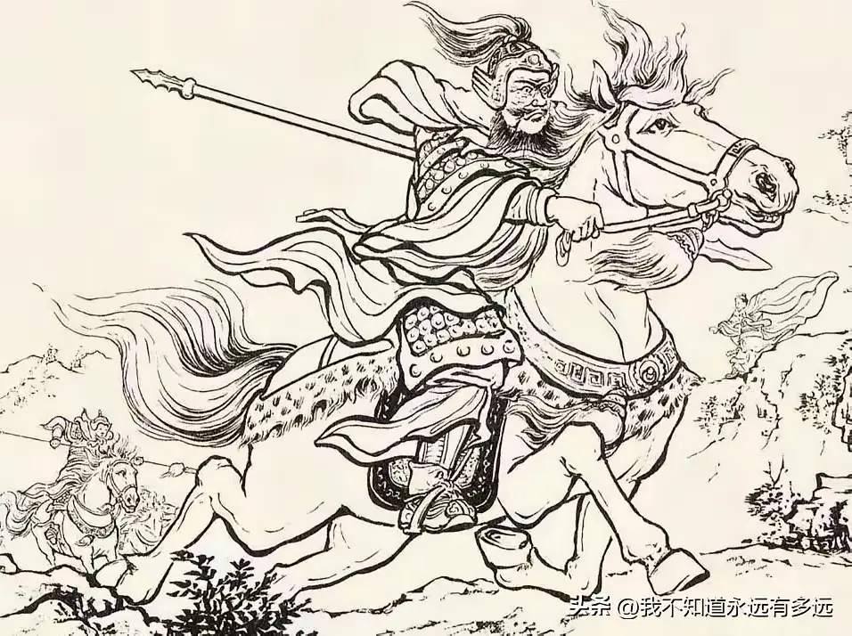 虚晃一枪，回马便走。此图中这员大将于对手大战五六十合，杀的胜负未分，却...