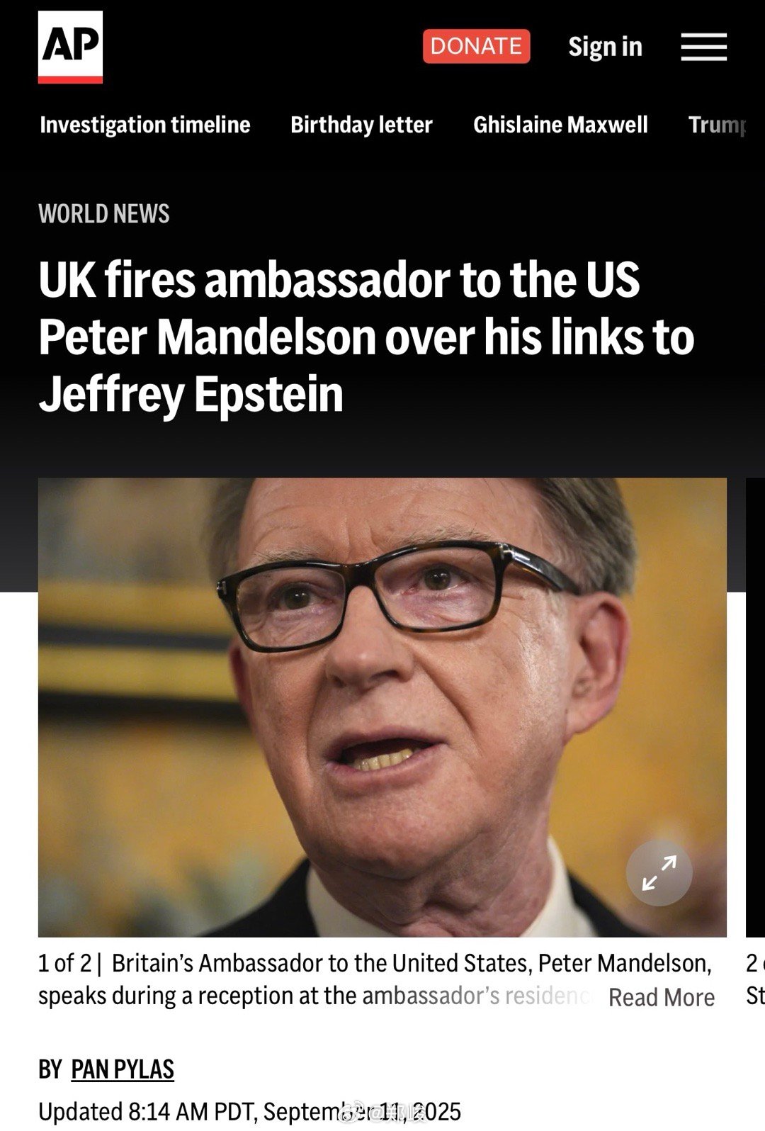 伦敦（美联社） — 英国首相基尔·斯塔默于周四解除了英国驻美国大使彼得·曼德尔森