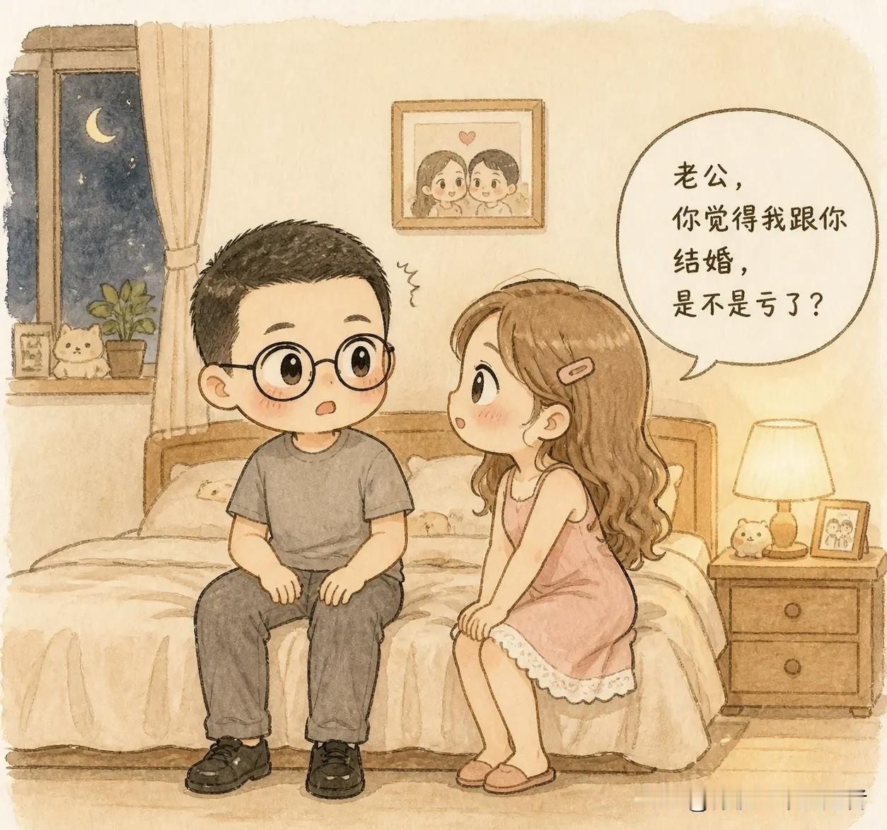 趣味漫画：睡前老婆突然问：“老公，你觉得我跟你结婚，是不是亏了？”气氛一下子很严