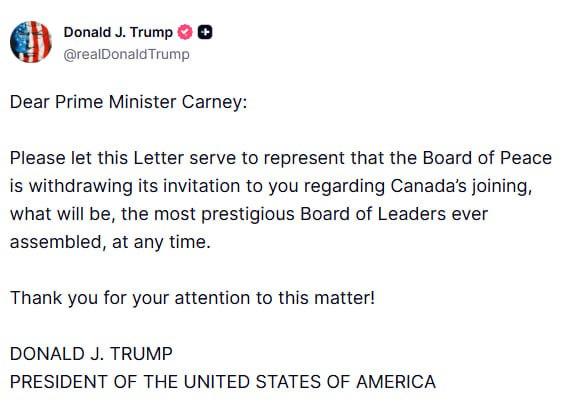 特朗普将加拿大从“和平委员会”除名

“特此函告，‘和平委员会’撤回对贵国加入这