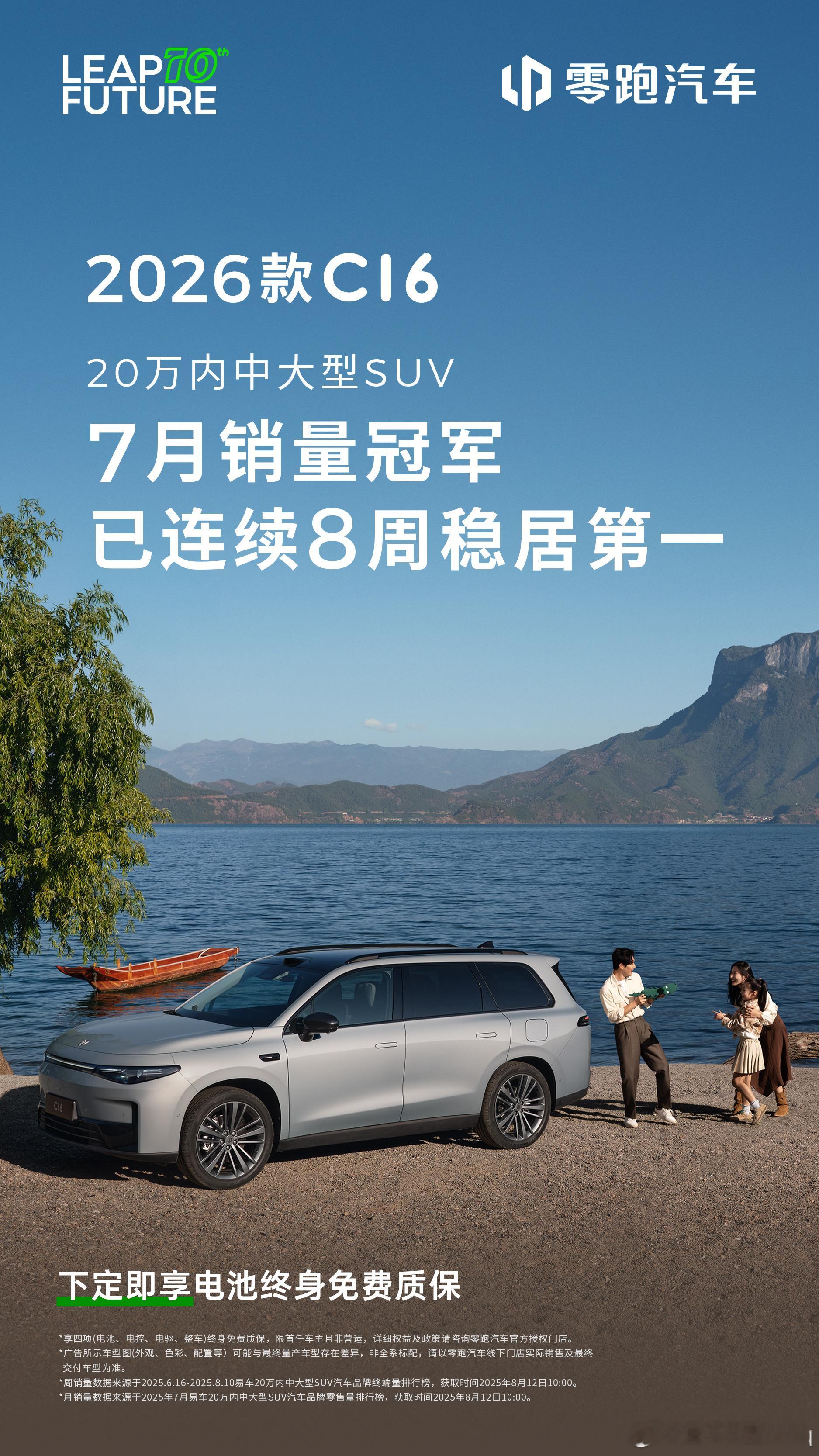 2026款零跑C16 再获20万内中大型SUV销冠连续8周周销第一+7月月榜第一