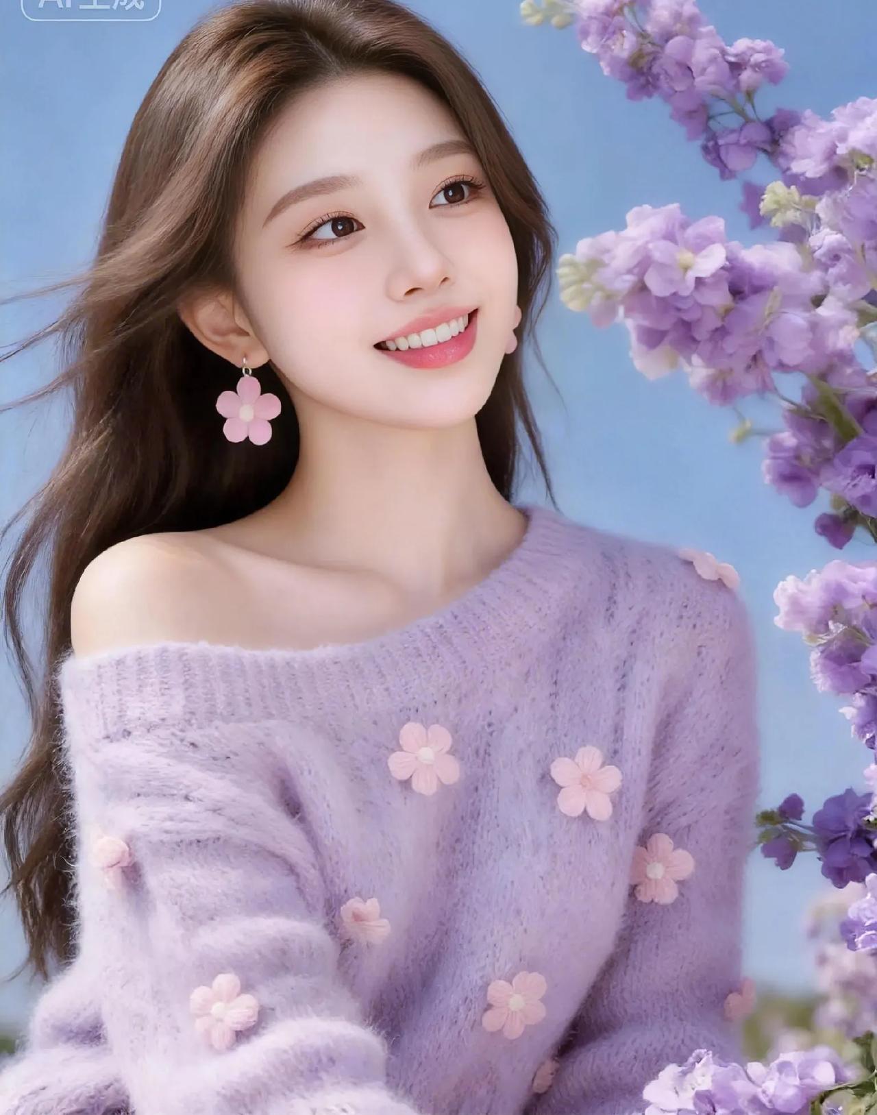 浅紫毛衣裹着春日的软，发梢拂过晴空的蓝。手捧一簇紫霞般的花束，粉樱耳坠轻晃，笑意