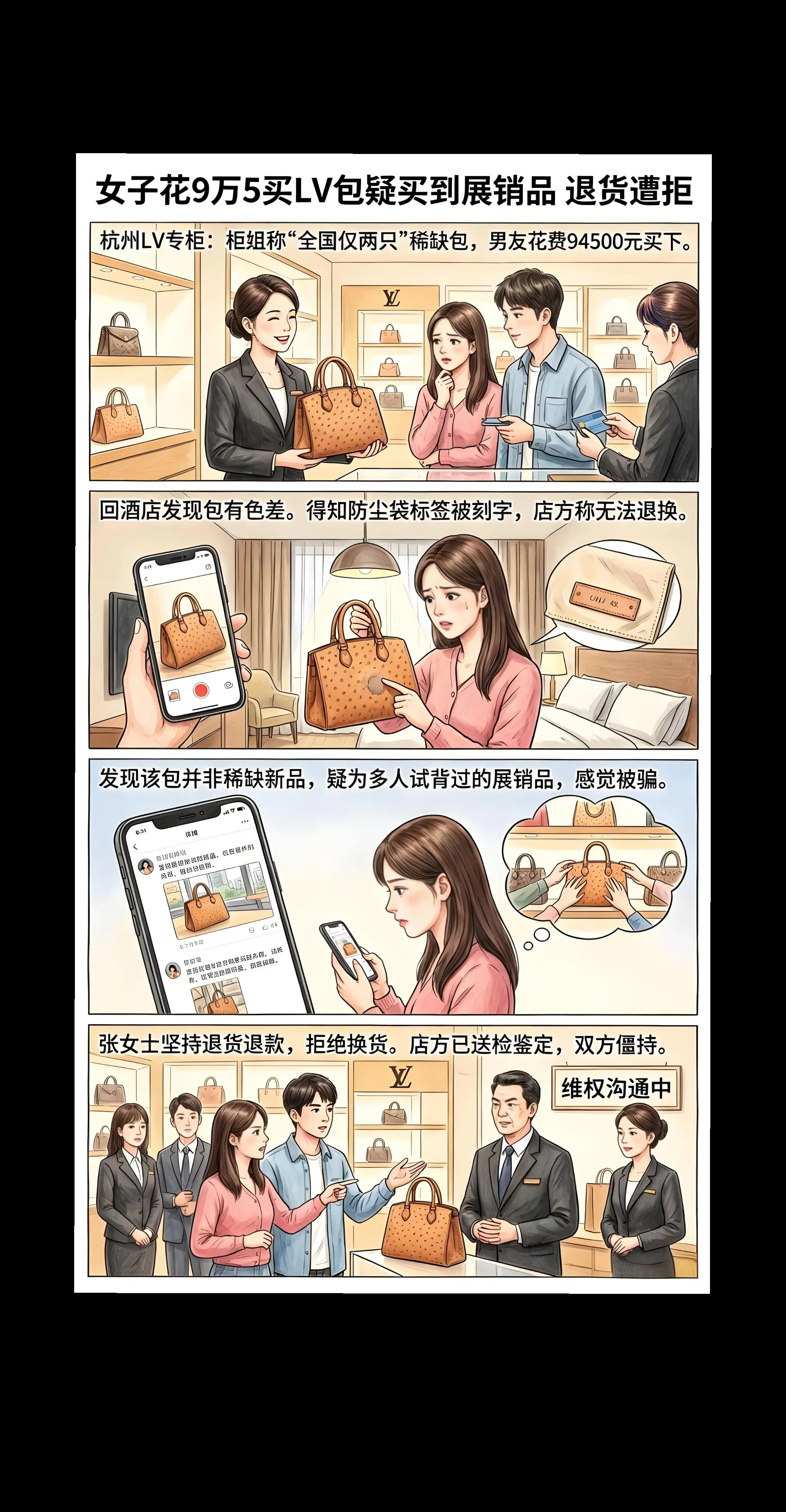 女子花95000买LV包包，疑似买到展销品，退货被拒！