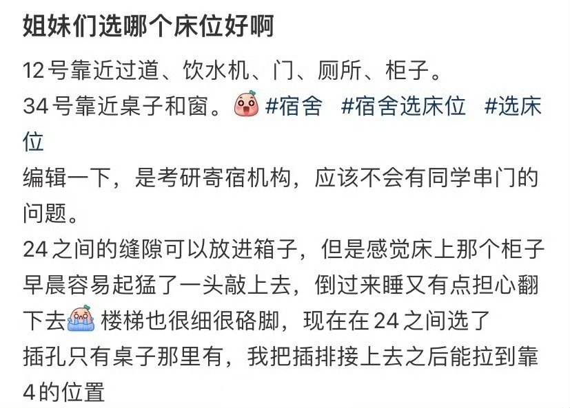 姐妹们选哪个床位好啊 ​​​