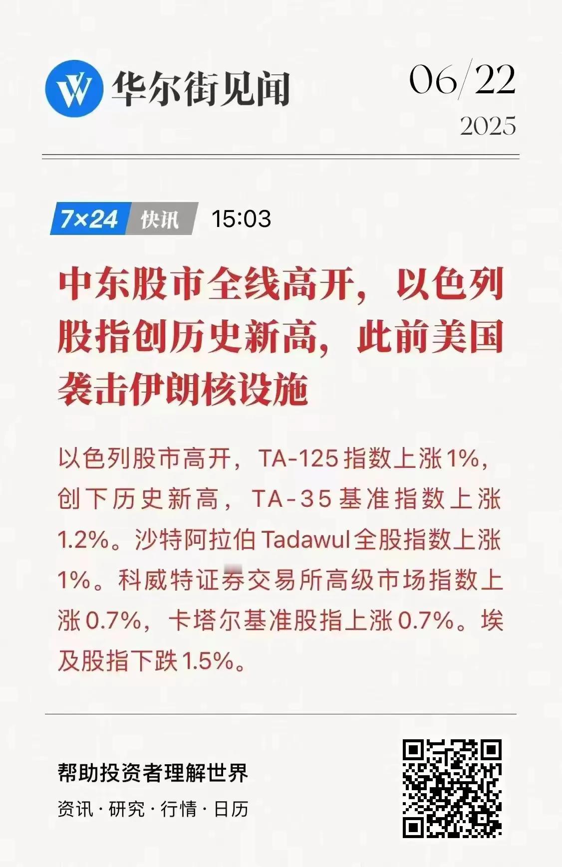 中东股市开盘，不只是以色列股市，中东股市皆大涨。

以色列还创了历史新高。

之