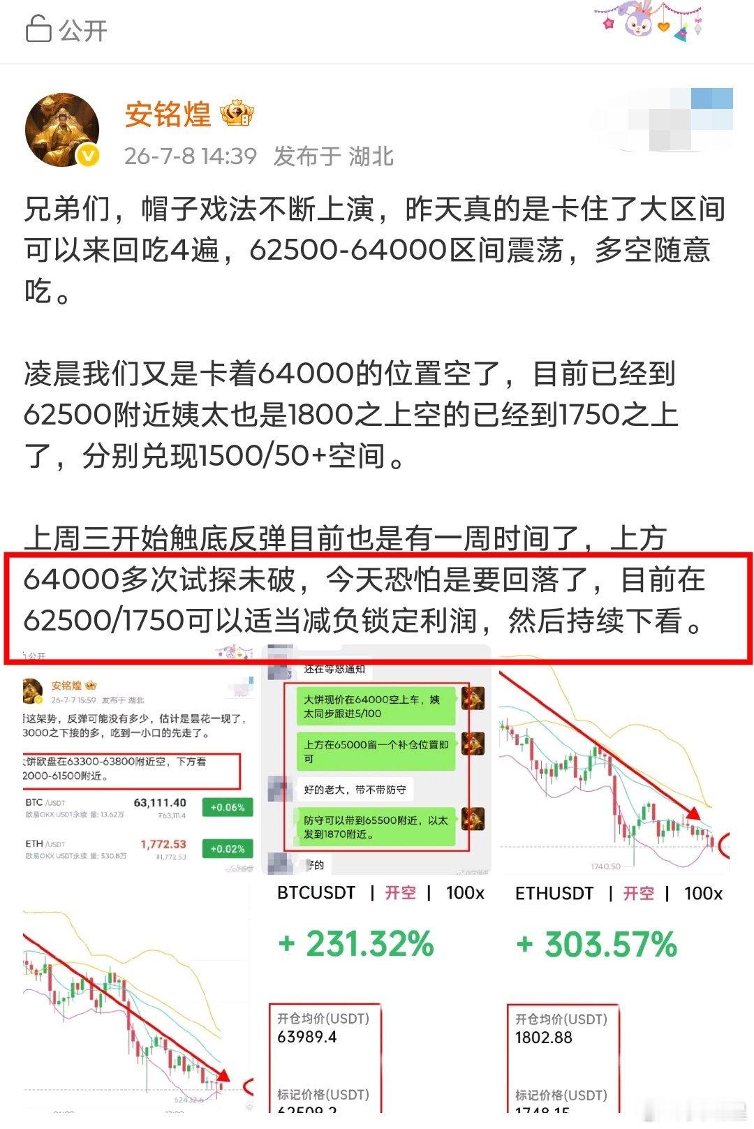 兄弟们，我们64000的空又箜在顶级位置了，昨天作为支撑位置的62500直接被砸