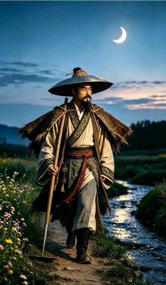 荷锄归去月如钩，
一担烟云两篓秋。
野径无人花自落，
清风拂面爽心头。