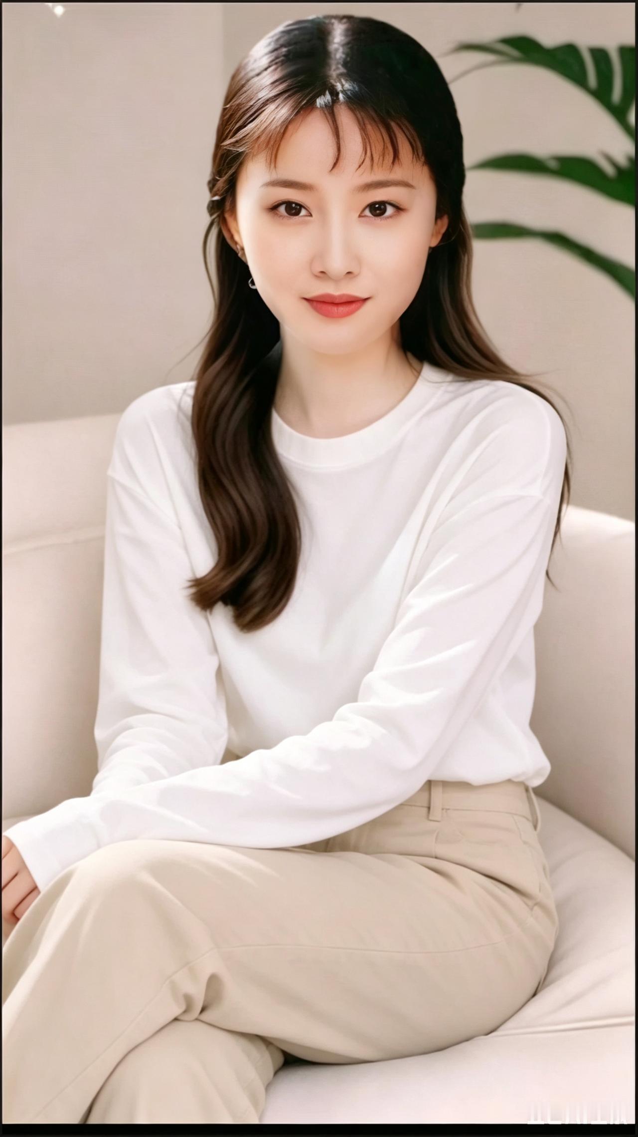 白衣美人坐，绿植映窗纱。