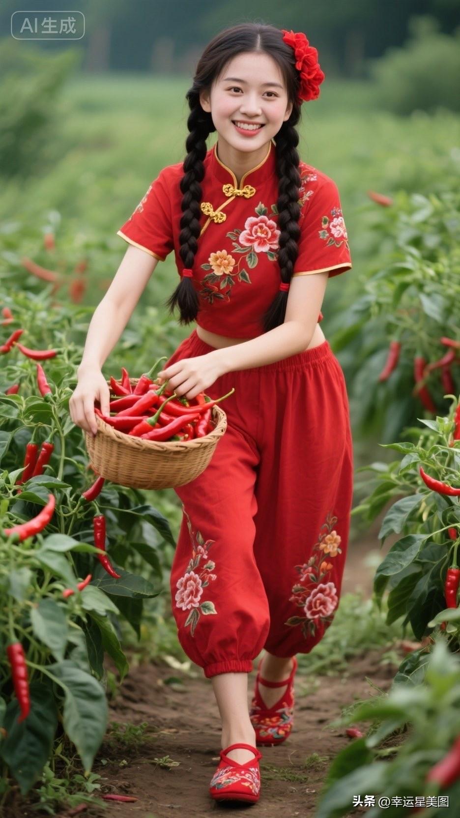 穿红衣的女孩在田里摘辣椒。