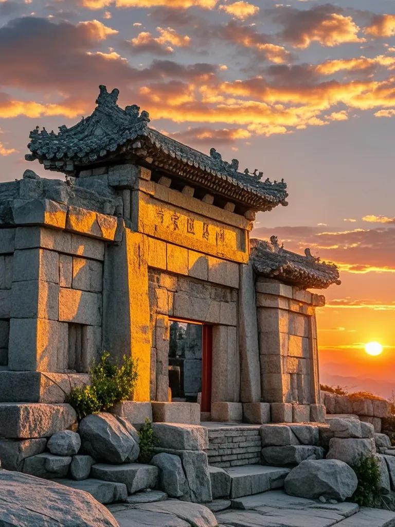 夕阳的余晖洒在泰山中天门，给古老的石门镶上了一层金色的边，仿佛时间在这里静止，只