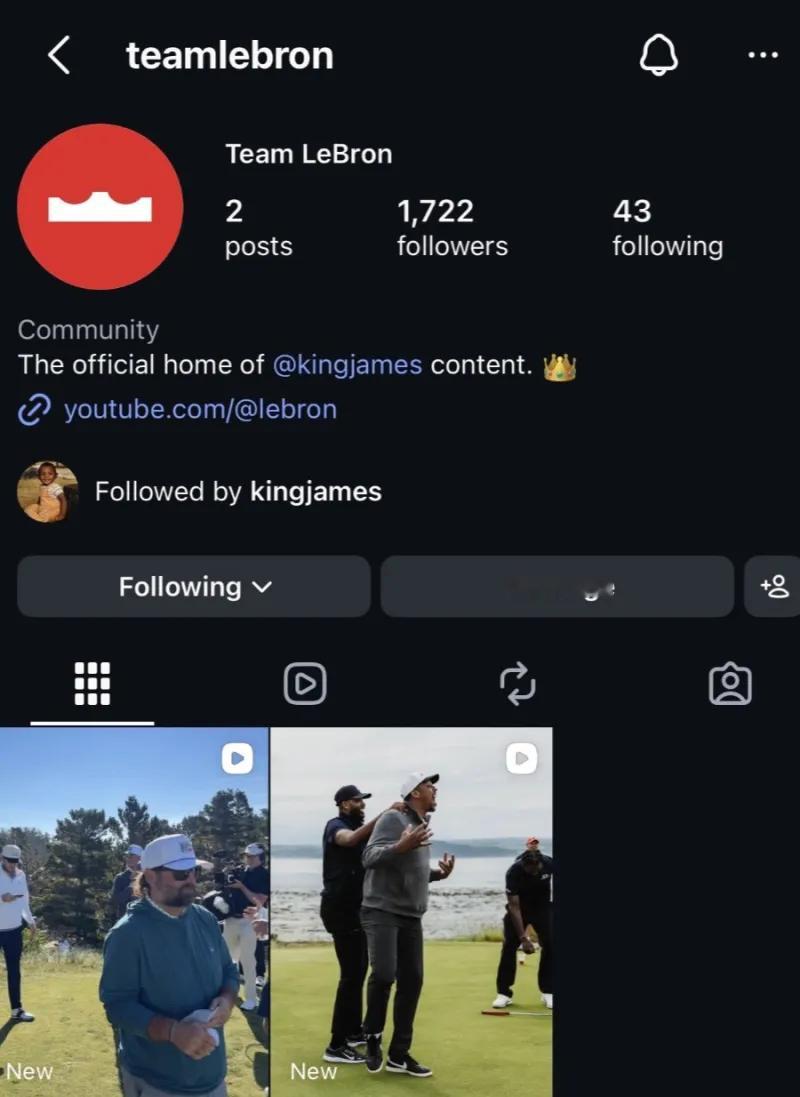 老詹新创建Team LeBron的ins账号，第二集高尔夫视频已经开始拍摄。此前