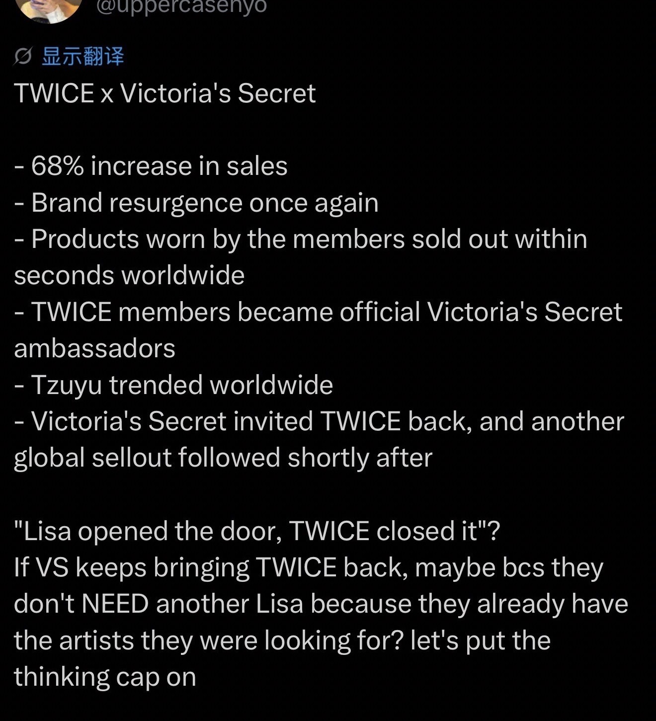 我们Lisa好像不是维密代言人吧，不懂拿销//售//额说什么…只知道我霞是24年