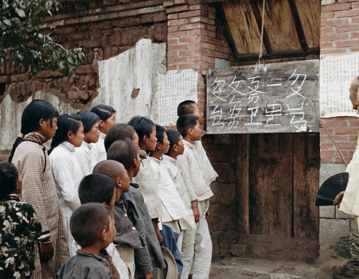 民国时期，乡村扫盲教育，一群穿着粗布衣裳的乡村孩子，整齐站在砖墙木屋前，专注盯着