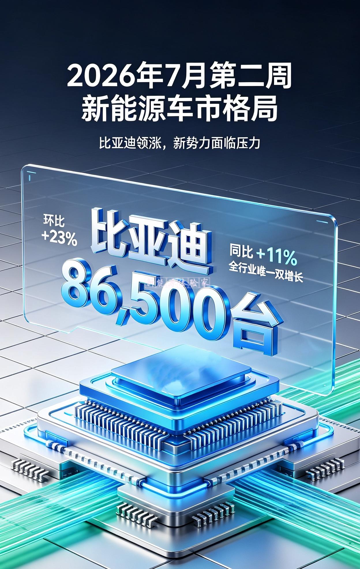 根据2026年7月第二周（第27周）数据，中国新能源车市呈现“比亚迪独秀、新势力