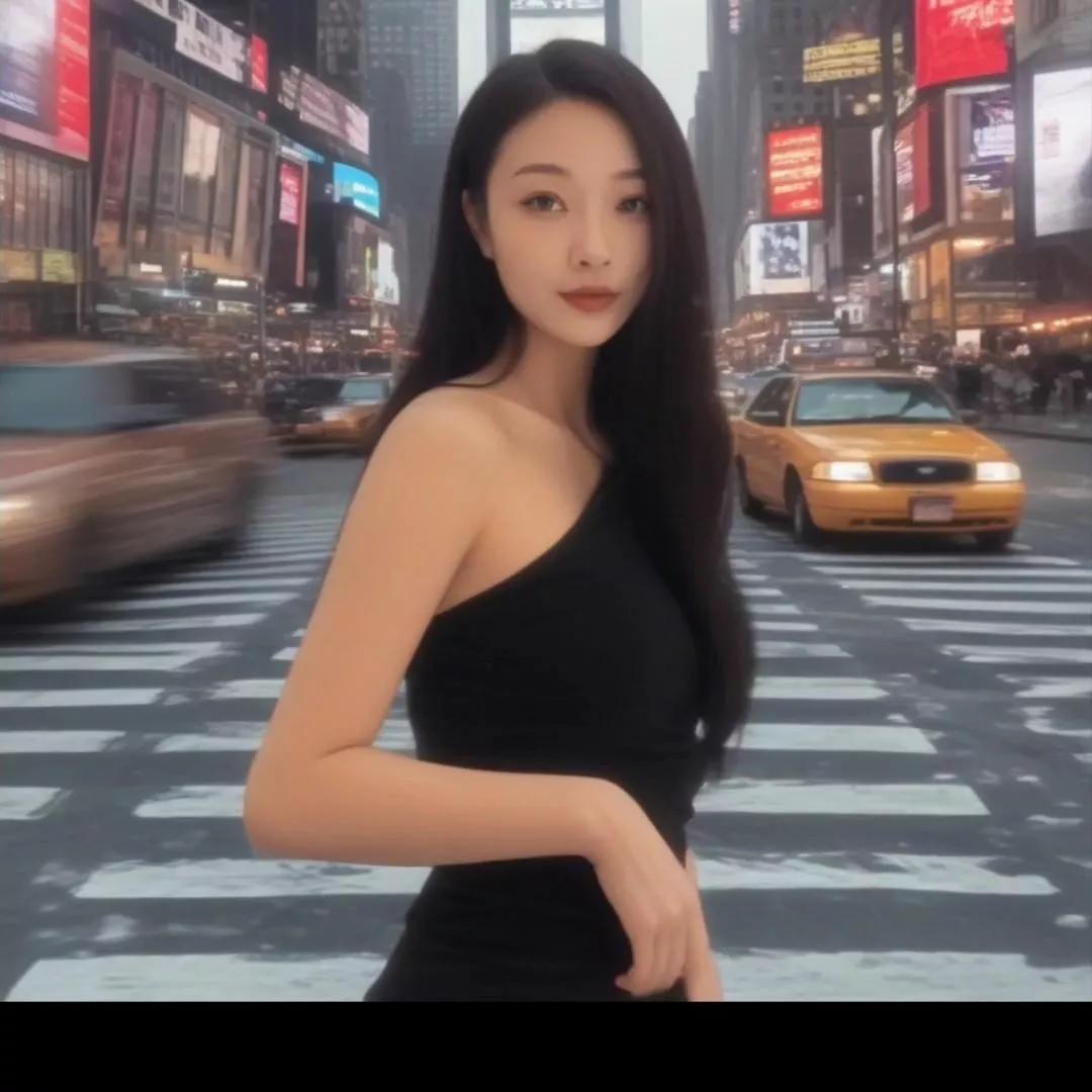 在繁华的纽约街头，一位优雅的黑裙女子惊艳亮相。黑裙感美女 黑裙丽人写真 黑长裙美