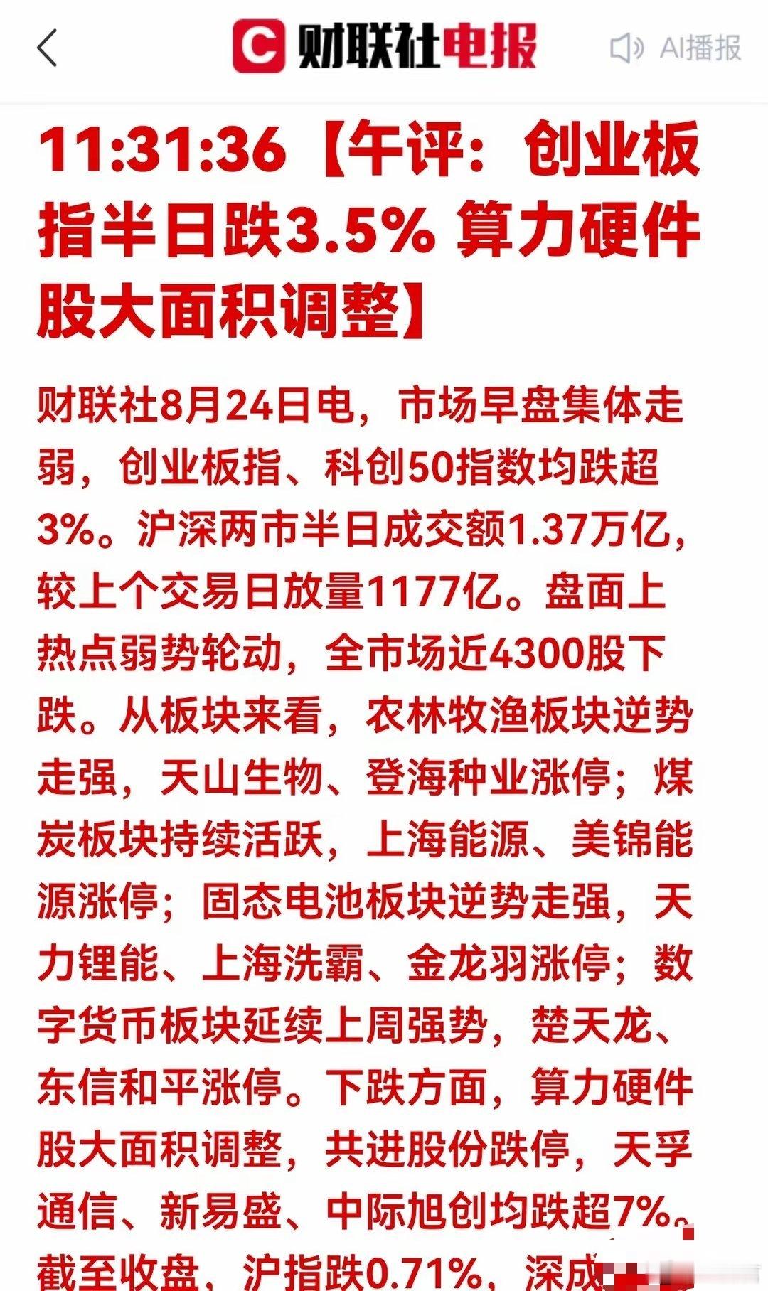 A股半日放量1177亿调整放量大跌！创业板半日跌3.5%，算力集体跳水，资金到底