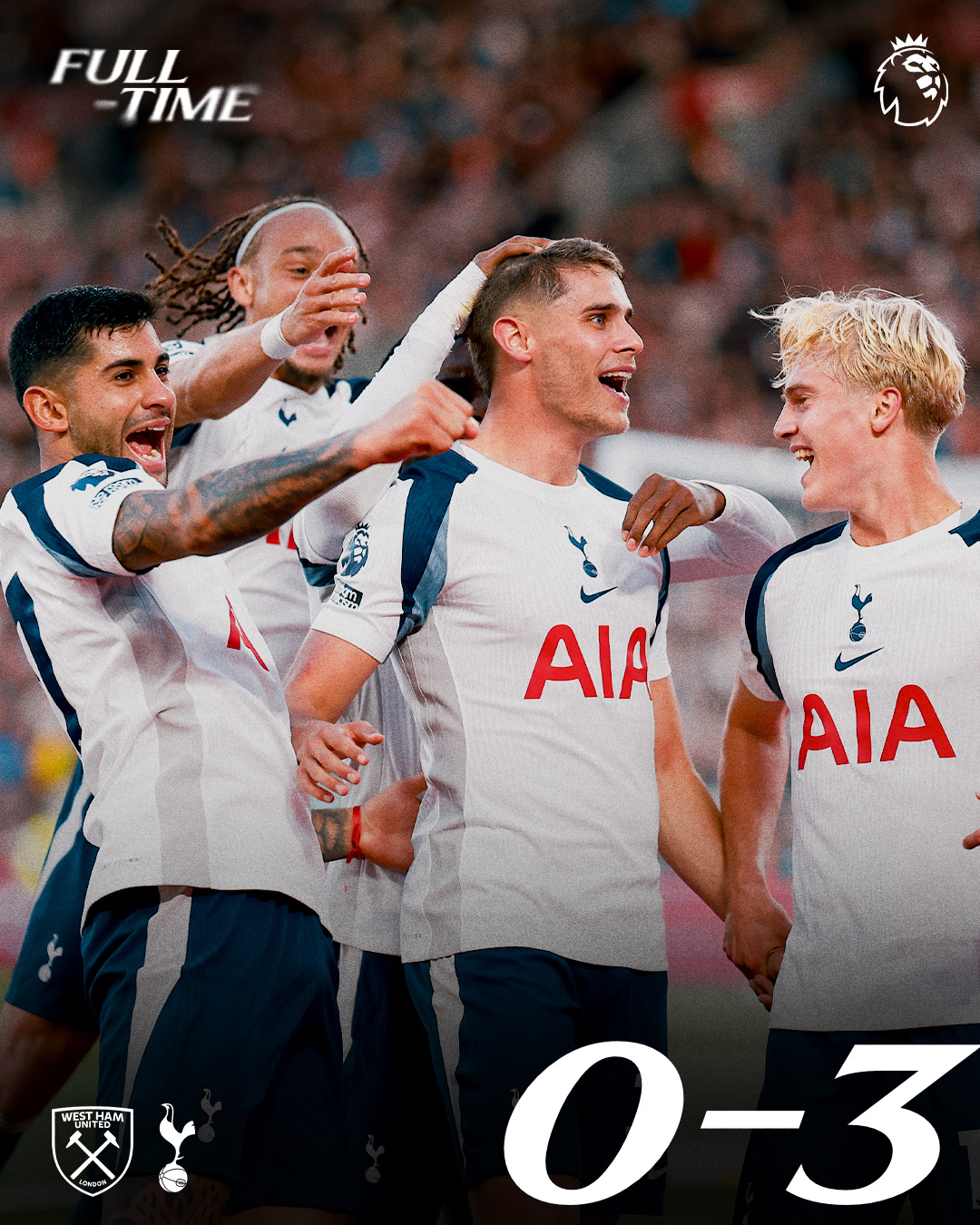 全场比赛结束，热刺3-0西汉姆联波罗生日快乐！ ​​​​