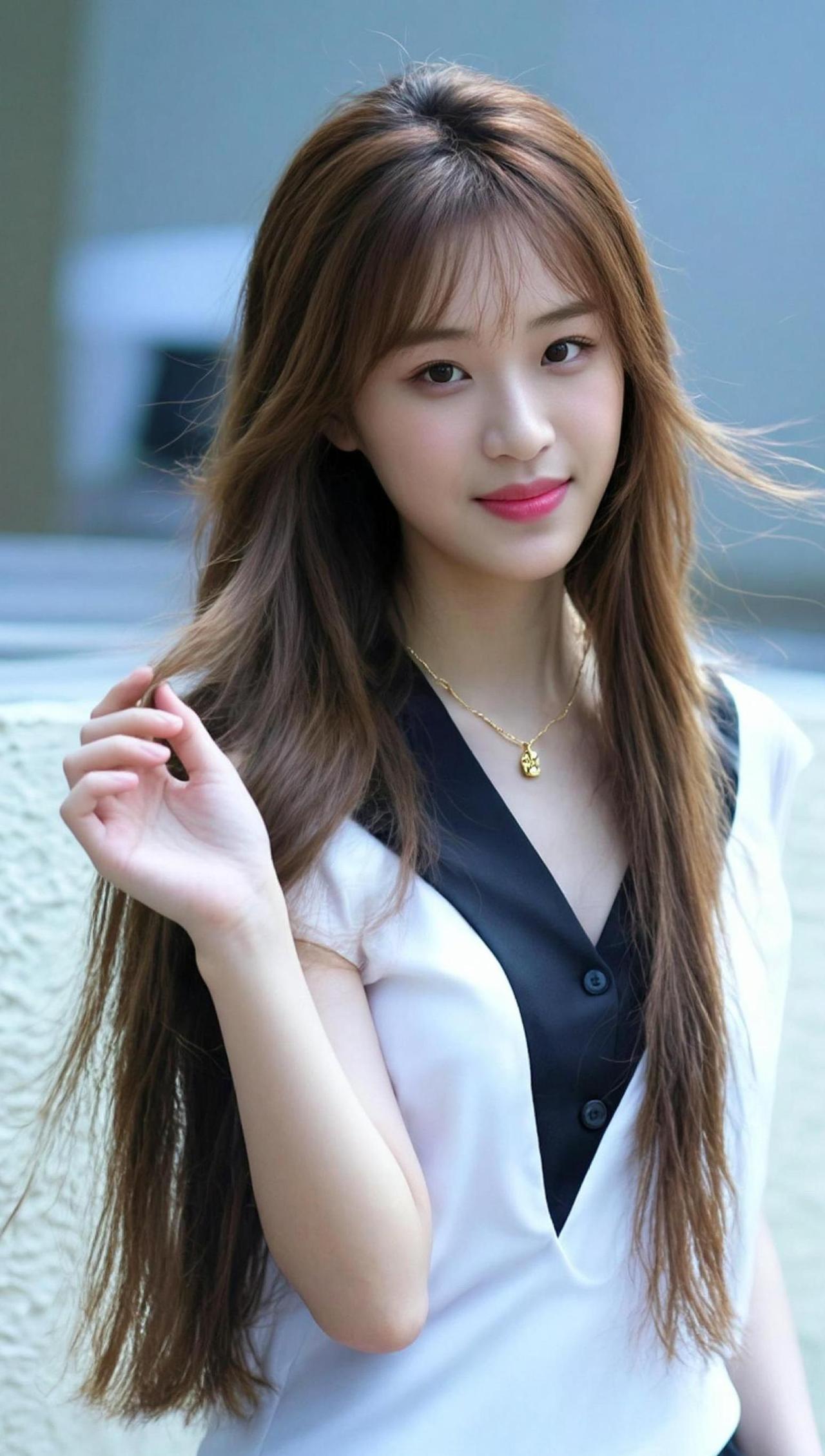 在镜头前，长发如瀑布般倾泻而下，黑白配色的服装勾勒出简约而不失优雅的轮廓。背景虚