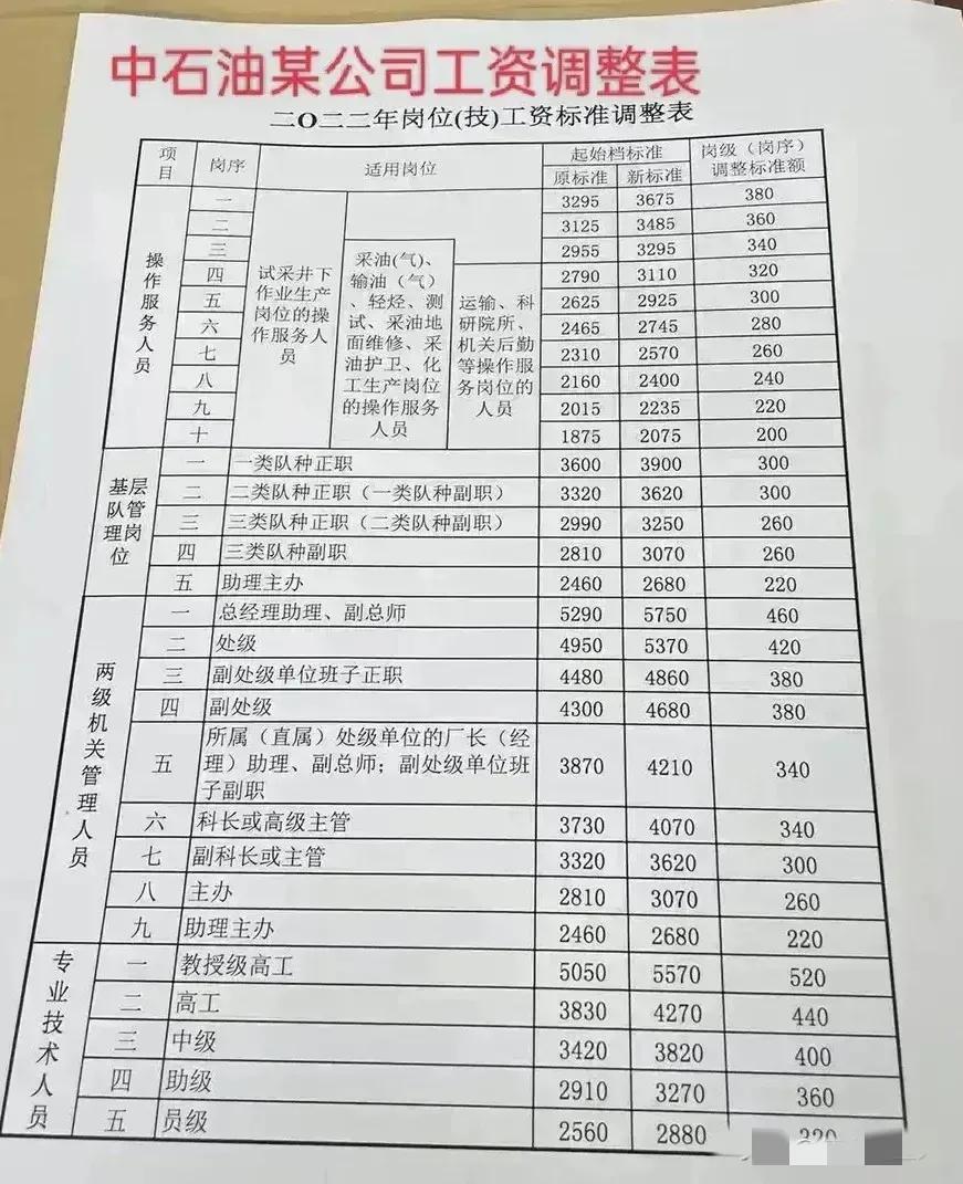 国企胡总不知道每个月工资能拿多少？看看中石油某公司员工去年的工资调整表，真的十分