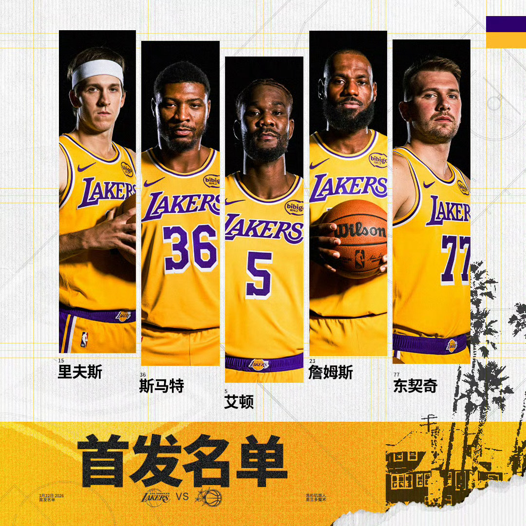 湖人对阵魔术首发：斯马特、里夫斯、东契奇、詹姆斯、艾顿。全员出战，一场不休，目标