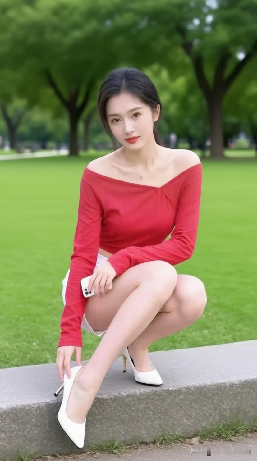 红色露肩上衣搭配白色短裙，优雅气质，尽显女性魅力！💃🏻💃🏻