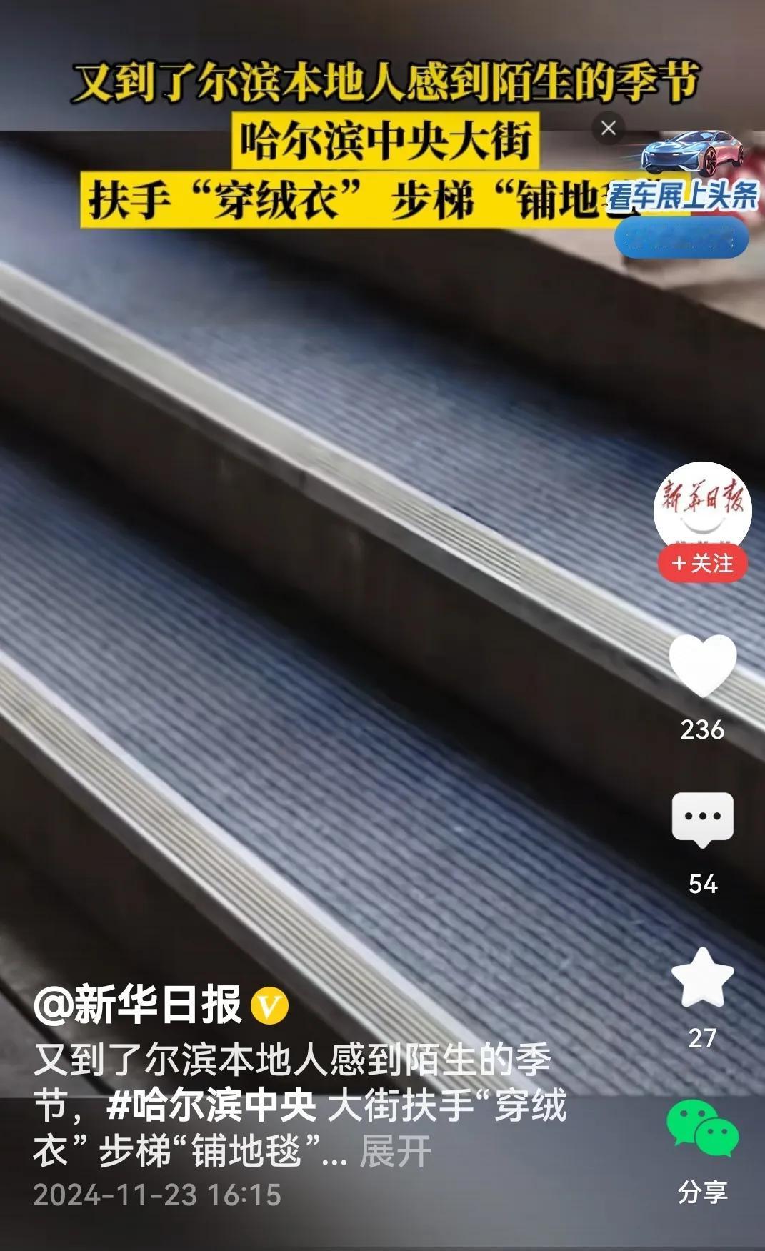 开始还以为哈尔滨整个中央大街都铺了地毯，看过视频其实不是，只是给步梯及扶手铺了地