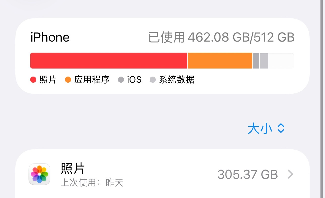 俺不中了，512GB的内存，照片占了300GB 