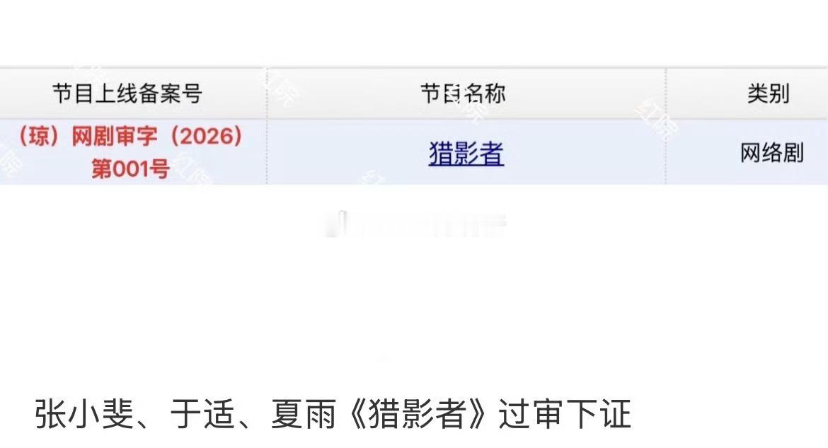 于适《猎影者》今日正式过审下证，韩光煦要来了 