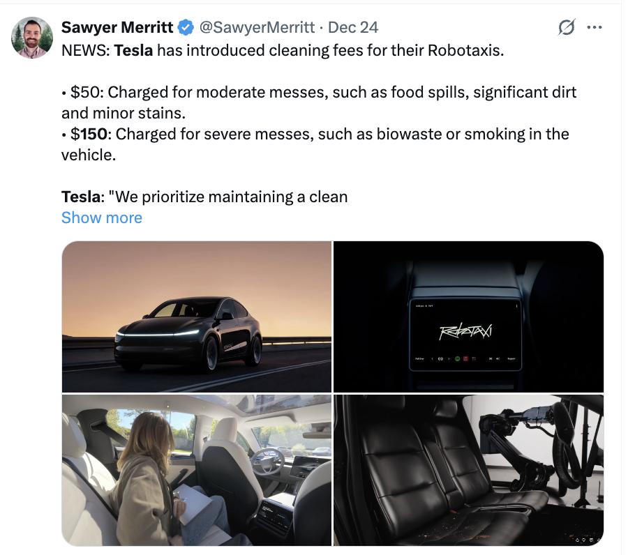 特斯拉新规：在Robotaxi抽烟要收150美元清洁费
有大V在推特上透露，特斯