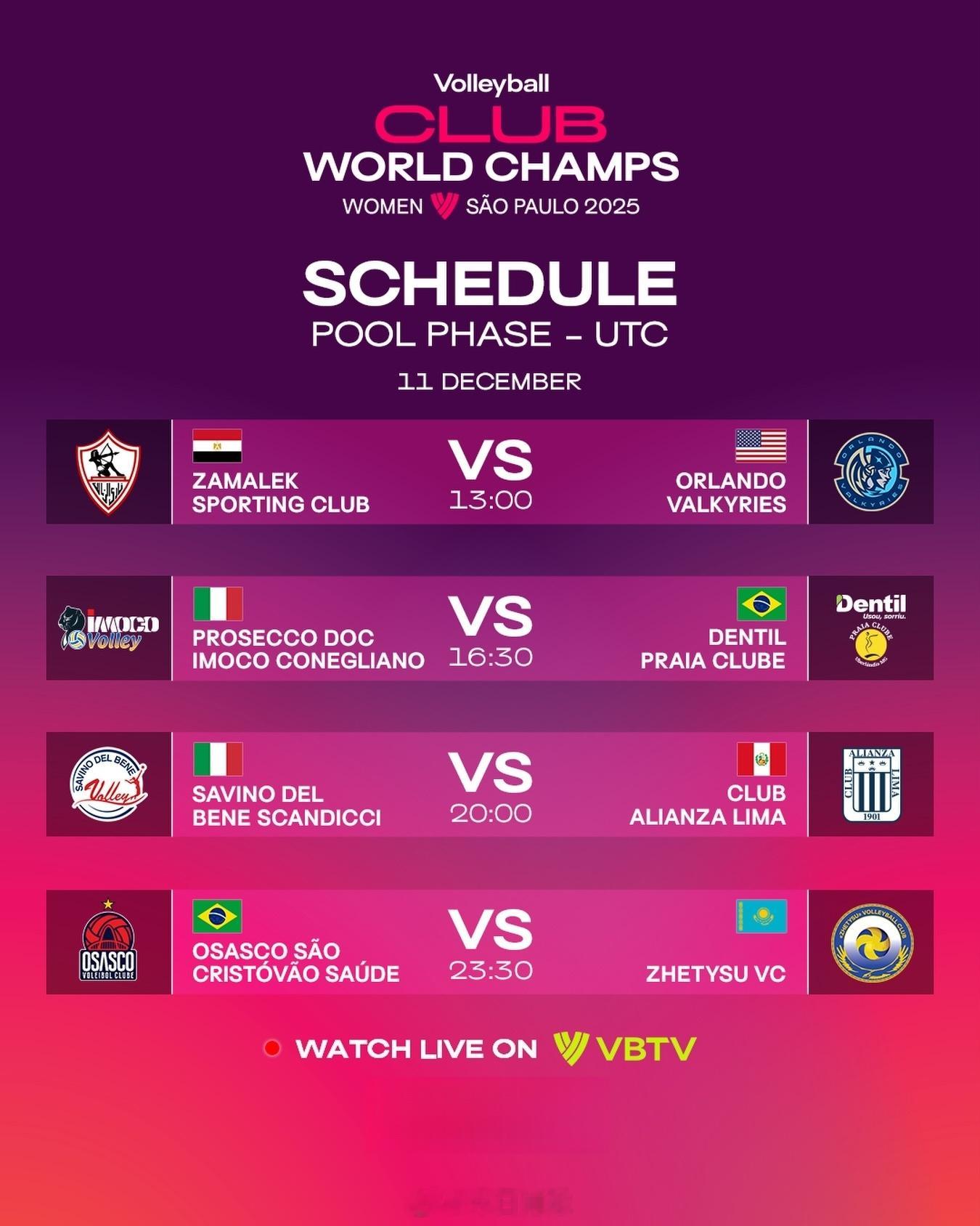 2025女排世俱赛 今天（12月11日）小组赛第3轮竞赛日程（北京时间）：21: