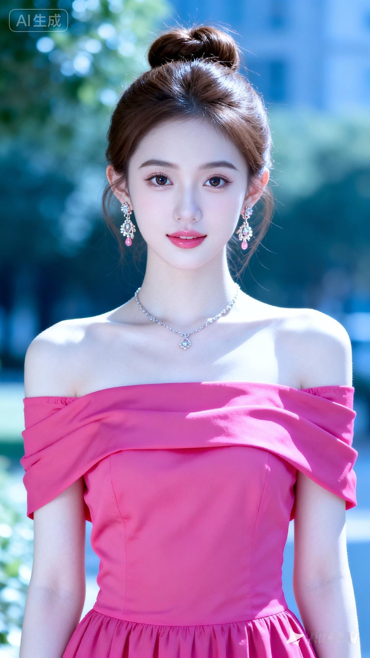这姑娘打扮得真漂亮，粉色裙子很显眼！