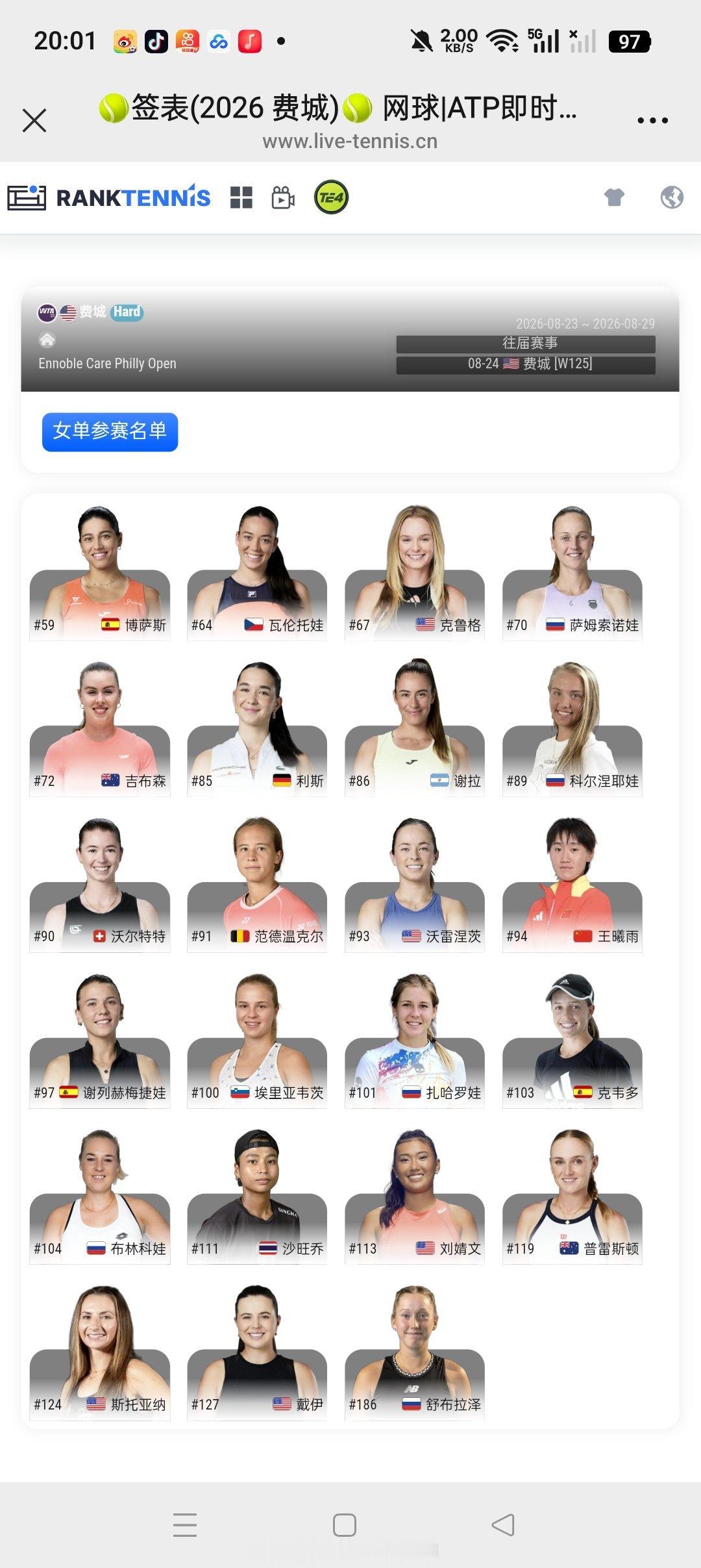 小花小草资讯 【费城WTA125】正赛名单（8.24 美网前一周）王曦雨🇨🇳