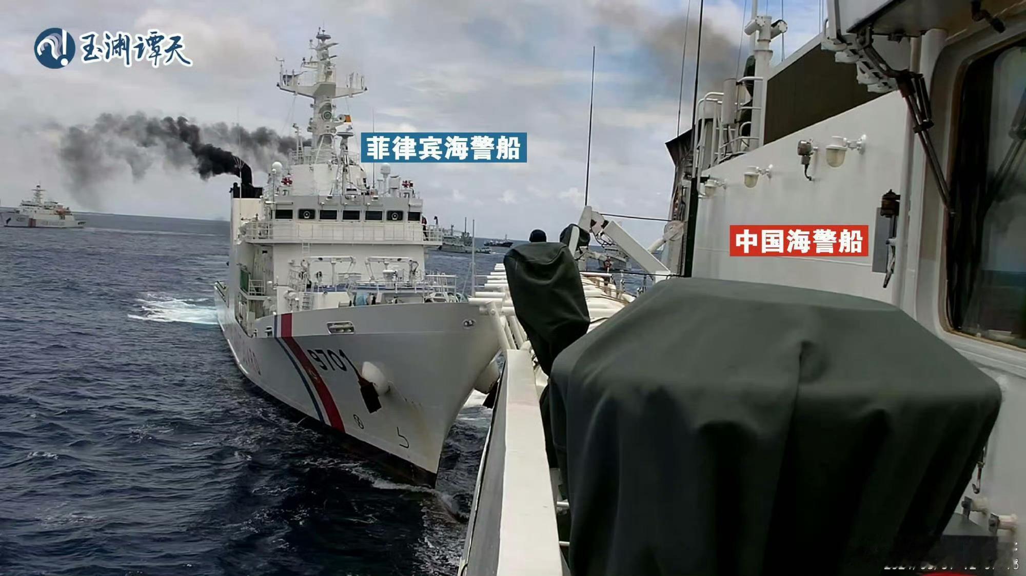 #菲海警船用危险方式故意冲撞我警舰#现场除了菲律宾海警船，还有#美军P8A干扰海