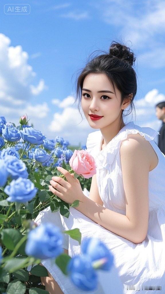 一个美女手捧蓝玫瑰，背景蓝天白云。