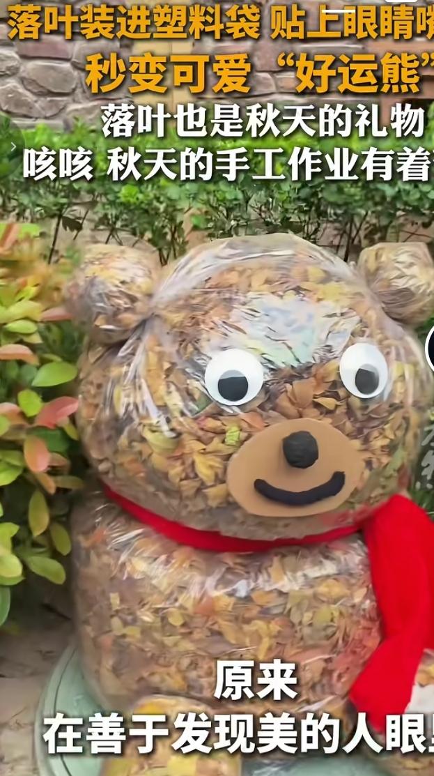 秋天的落叶还能这么玩！把收集来的落叶装进透明塑料袋，贴上活动眼睛、捏个简易嘴巴，