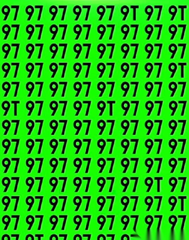 就这张满屏都是97的图，我哥们儿拿手机怼我脸上，说里面藏了8个不一样的数。
他下