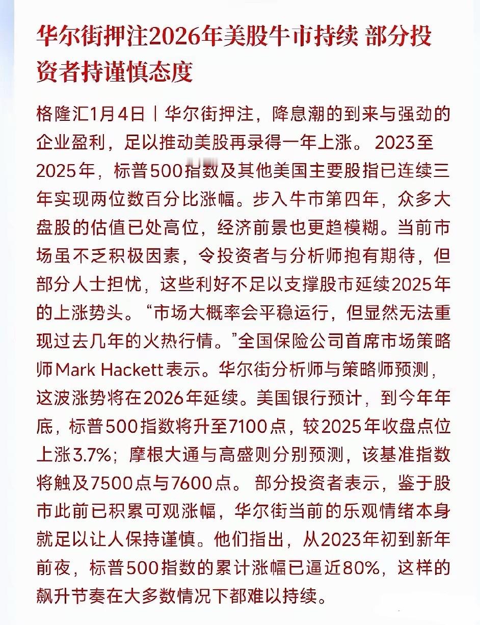 华尔街再次押注2026年将会延续牛市行情，但投资者担忧色居多最新消息，华尔街交易