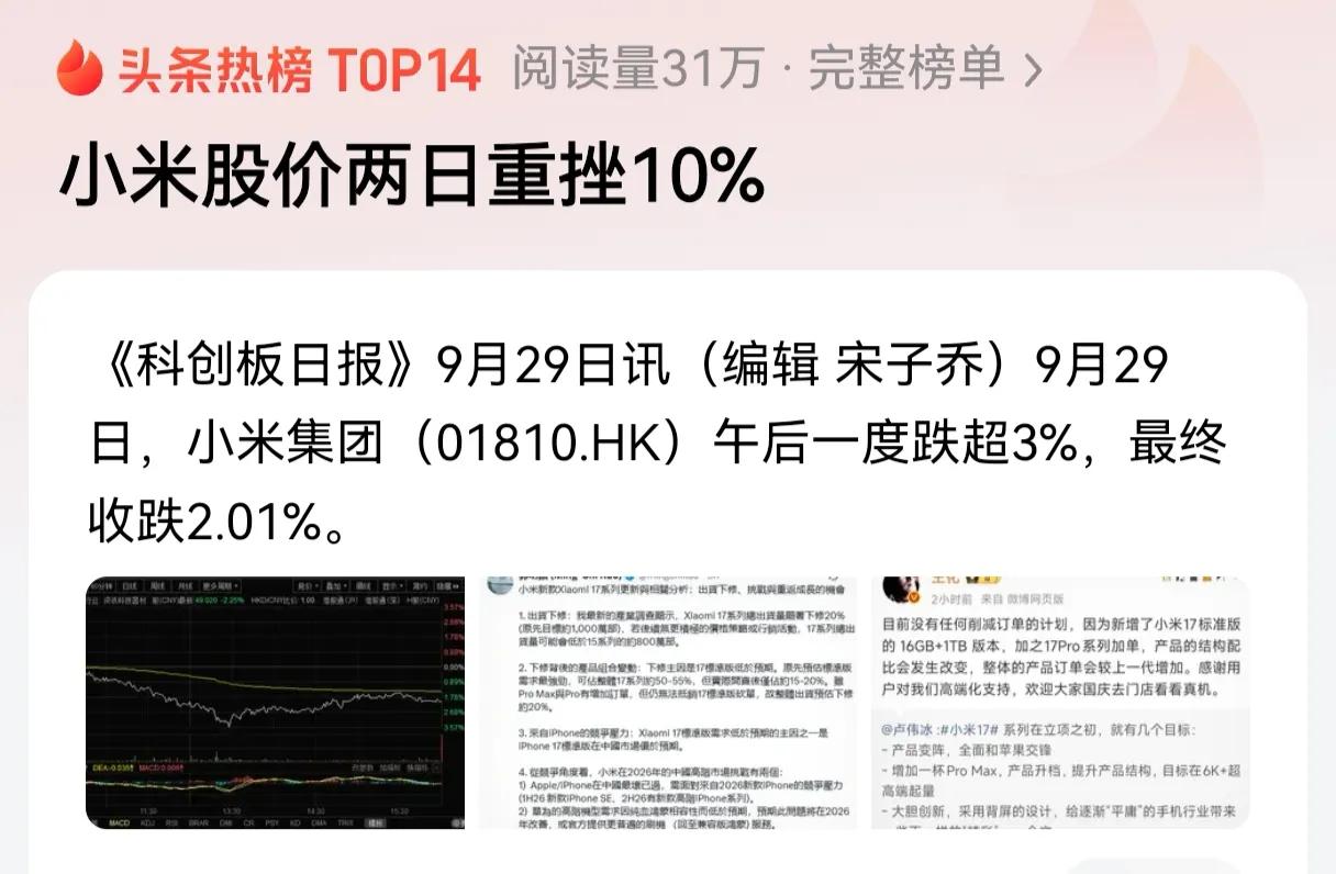 小米股价最近两日下跌和小米17脱不了干系，卖爆是不可能卖爆的，可能连计划出货量都