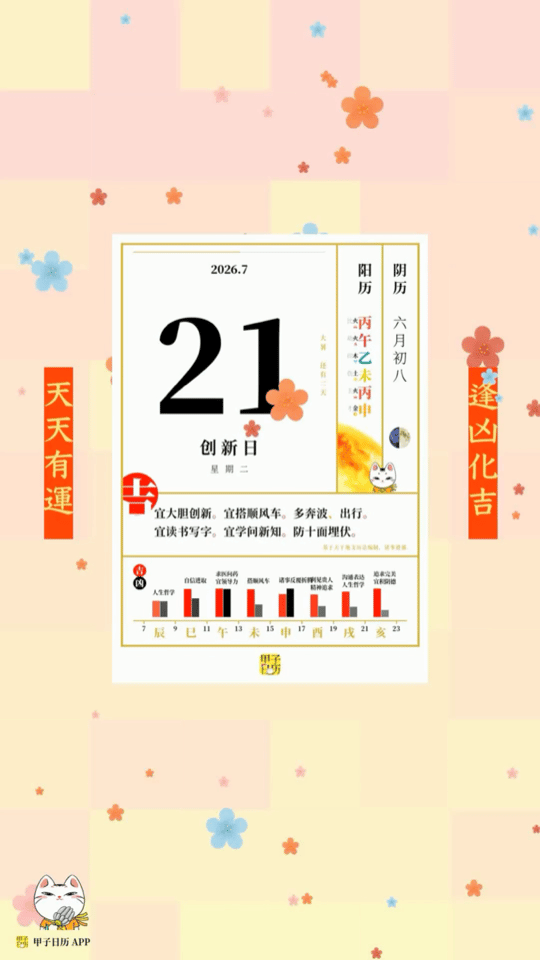 甲子日历 7 月 21 日，创新日。宜大胆创新。宜搭顺风车。📆 星座人生
