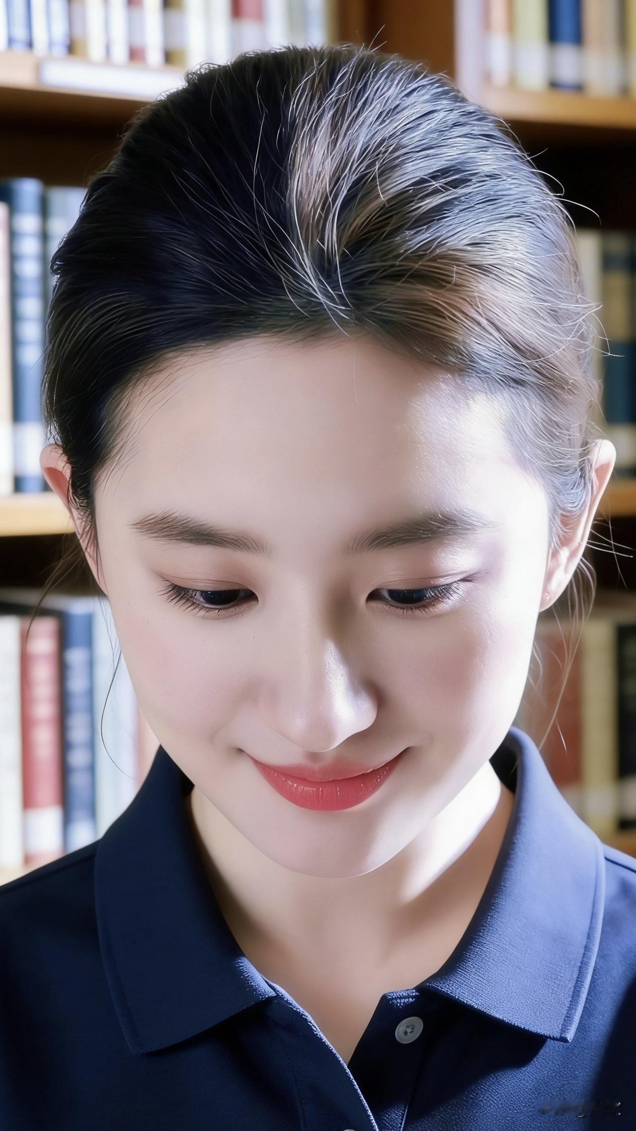 午后的阳光穿过书架缝隙，落在她深蓝色的衣领上。她垂眸浅笑，指尖轻触书页，仿佛正与