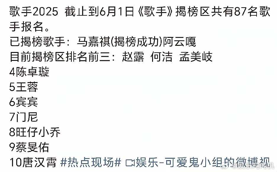 《歌手2025》揭榜人员排名，目前前三名是赵露，何洁，孟美岐！是不是一定会从这个