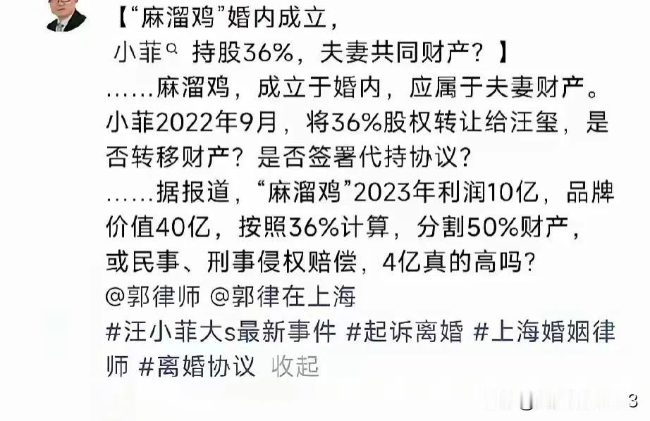 这位是律师？怎么也赞同大曲线要4亿。离婚时麻六记负债，放弃麻六记。离婚4年了，麻